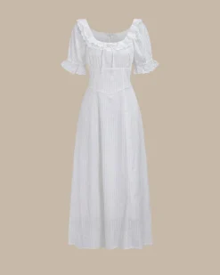 White Embroidery Puffed Sleeve Maxi Dress