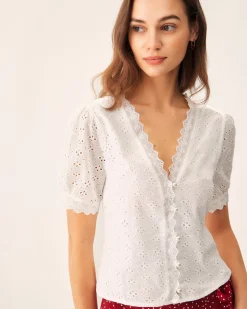 White Embroidery Puffed Sleeve Blouse