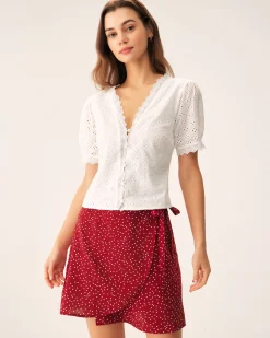 White Embroidery Puffed Sleeve Blouse