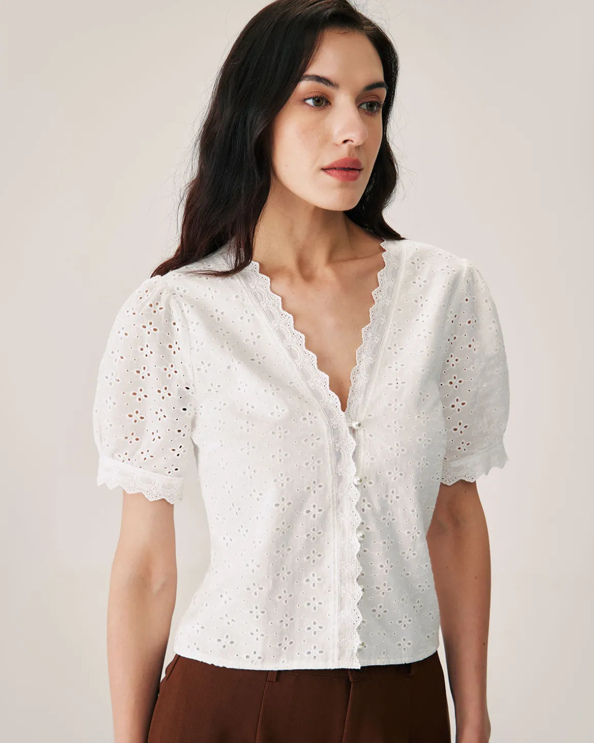 White Embroidery Puffed Sleeve Blouse