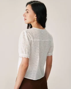 White Embroidery Puffed Sleeve Blouse