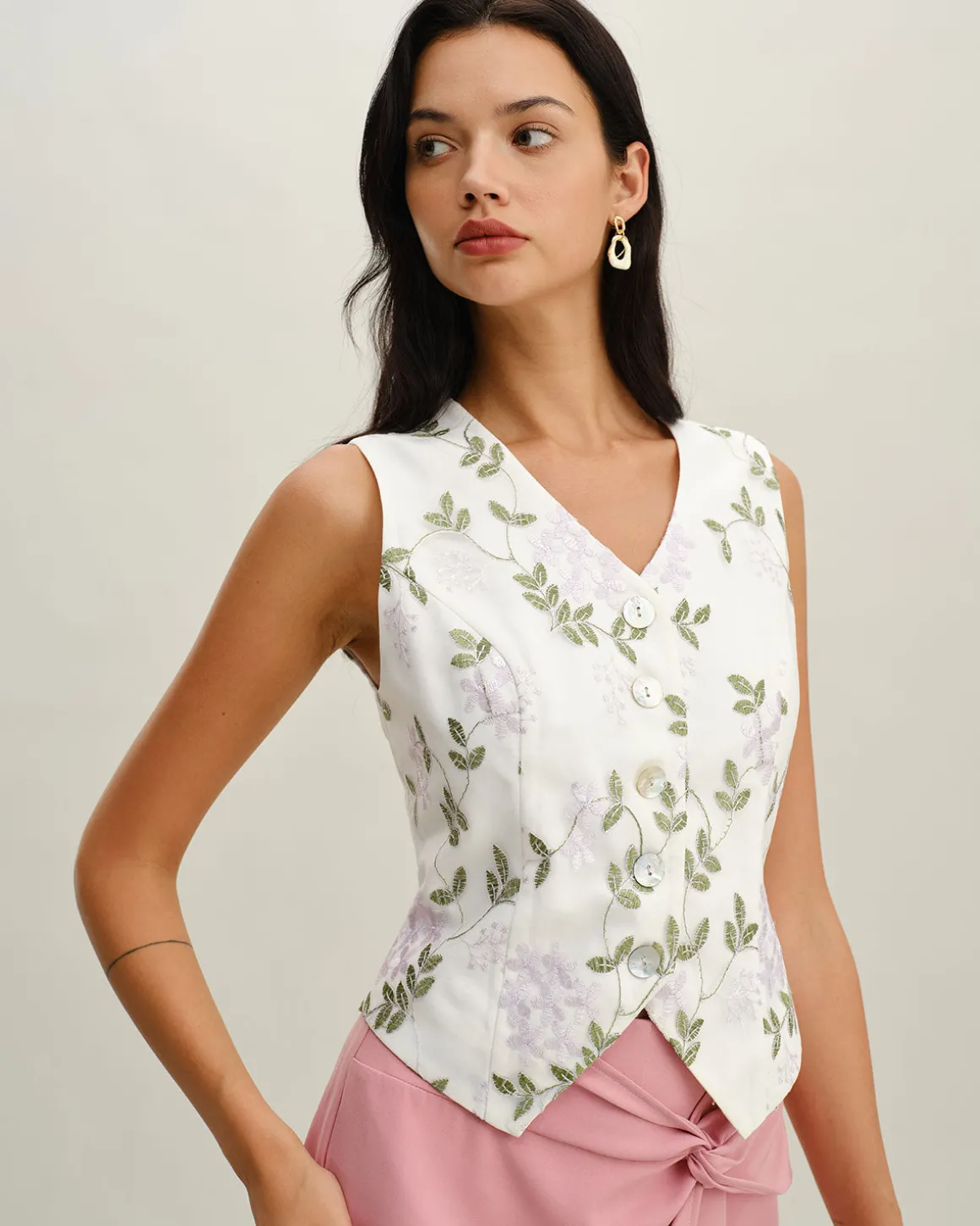 White Embroidery V Neck Button Vest
