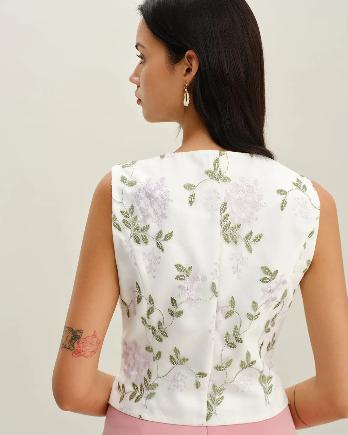 White Embroidery V Neck Button Vest