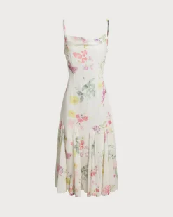 White Floral Pleated Slip Midi Dress