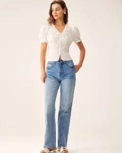 White Floral Puffed Sleeve Blouse