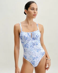 White Floral Ruched One-Piece Swimsuit
