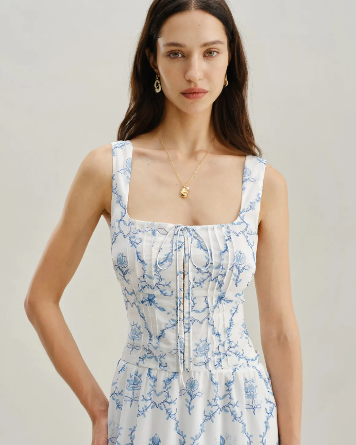 White Floral Ruched Tank Top