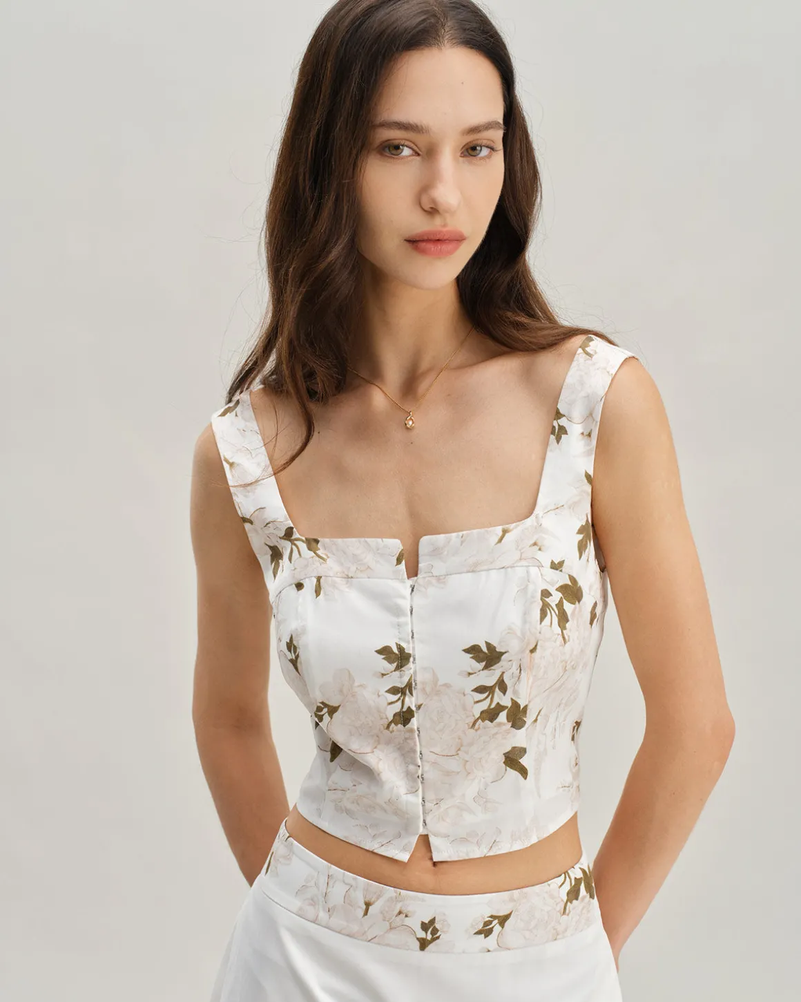 White Floral Shirred Square Neck Cami Top