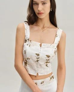 White Floral Shirred Square Neck Cami Top