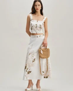 White Floral Shirred Square Neck Cami Top