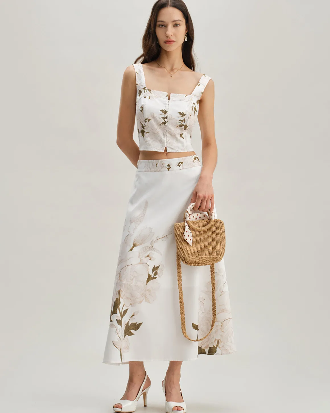 White Floral Shirred Square Neck Cami Top