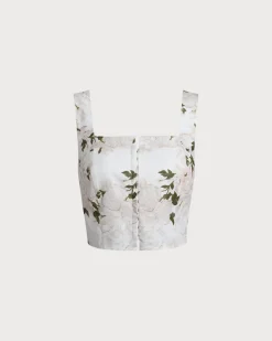White Floral Shirred Square Neck Cami Top