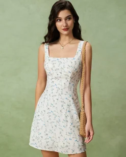 White Floral Square Neck Slip Mini Dress
