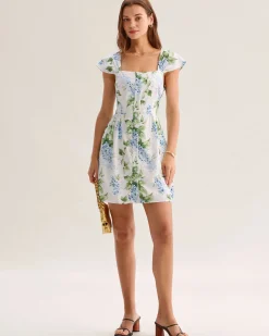 White Floral Square Neck Mini Dress