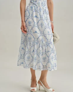 White Floral Tiered Midi Skirt