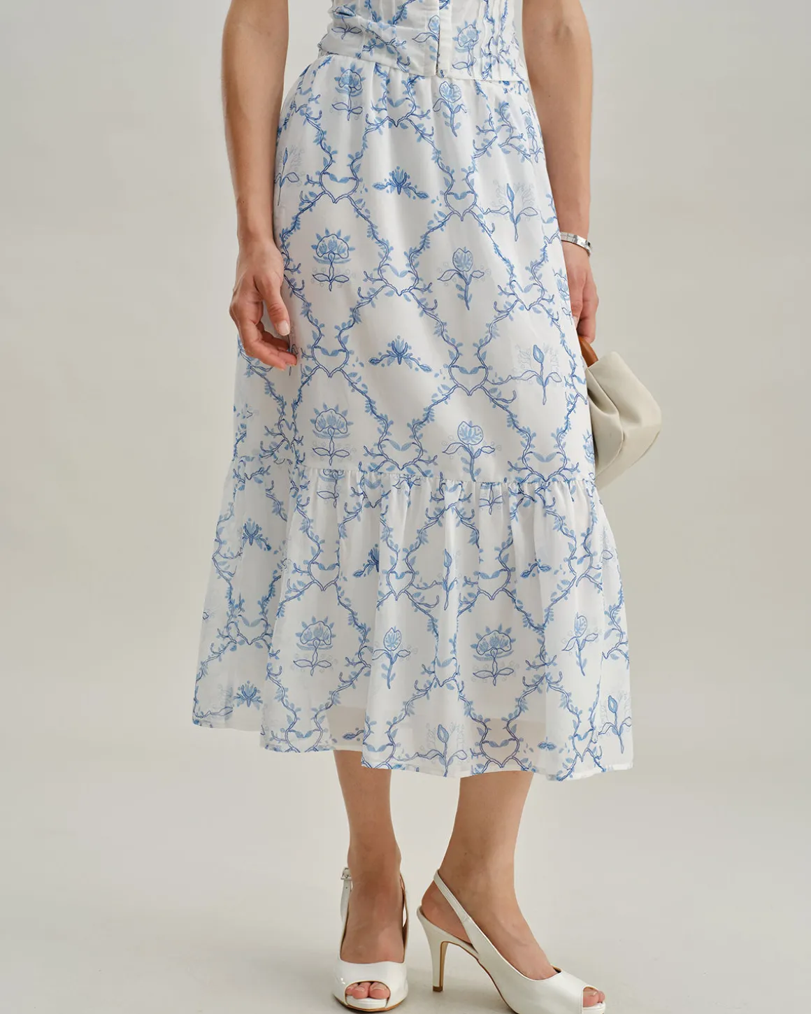 White Floral Tiered Midi Skirt