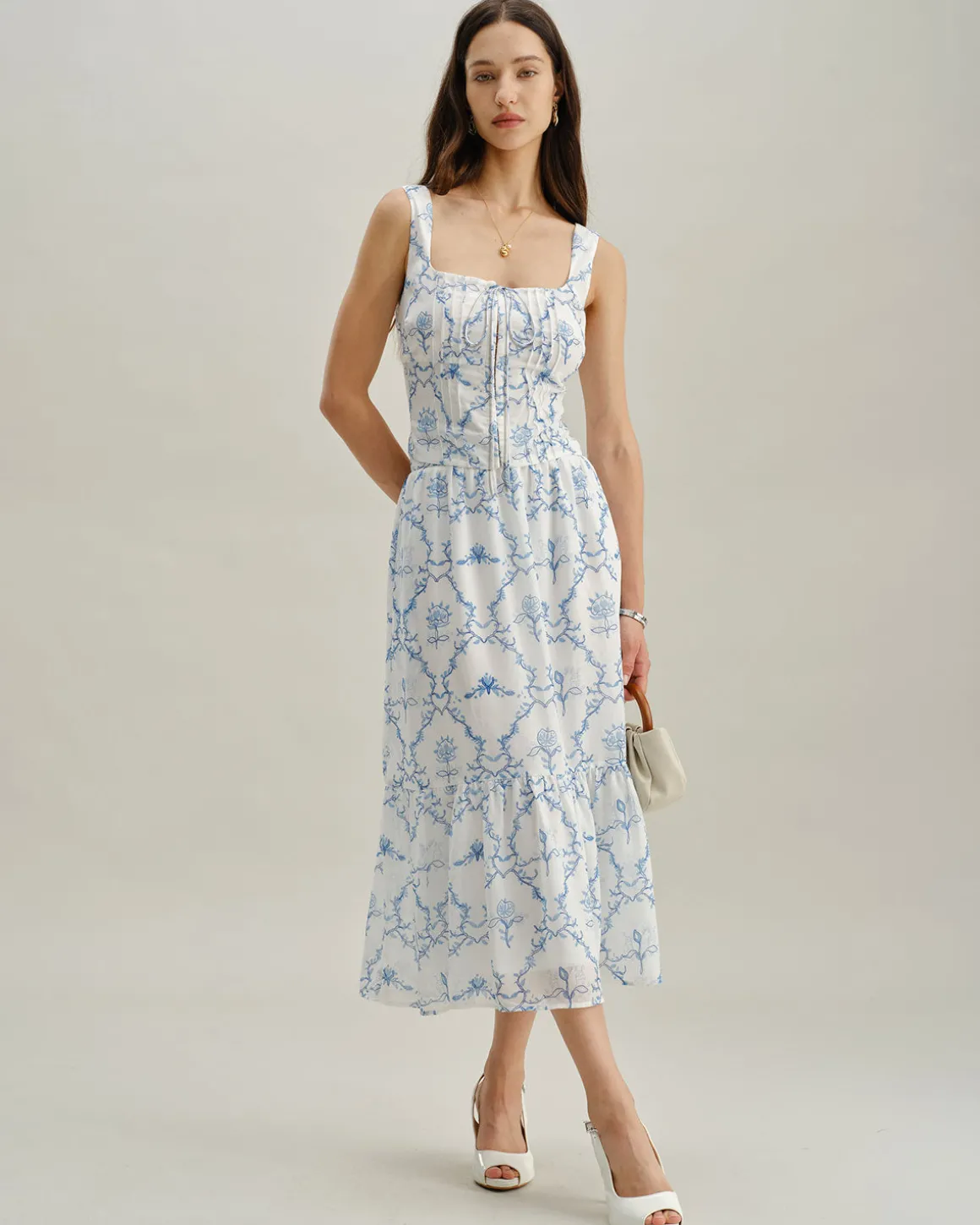 White Floral Tiered Midi Skirt