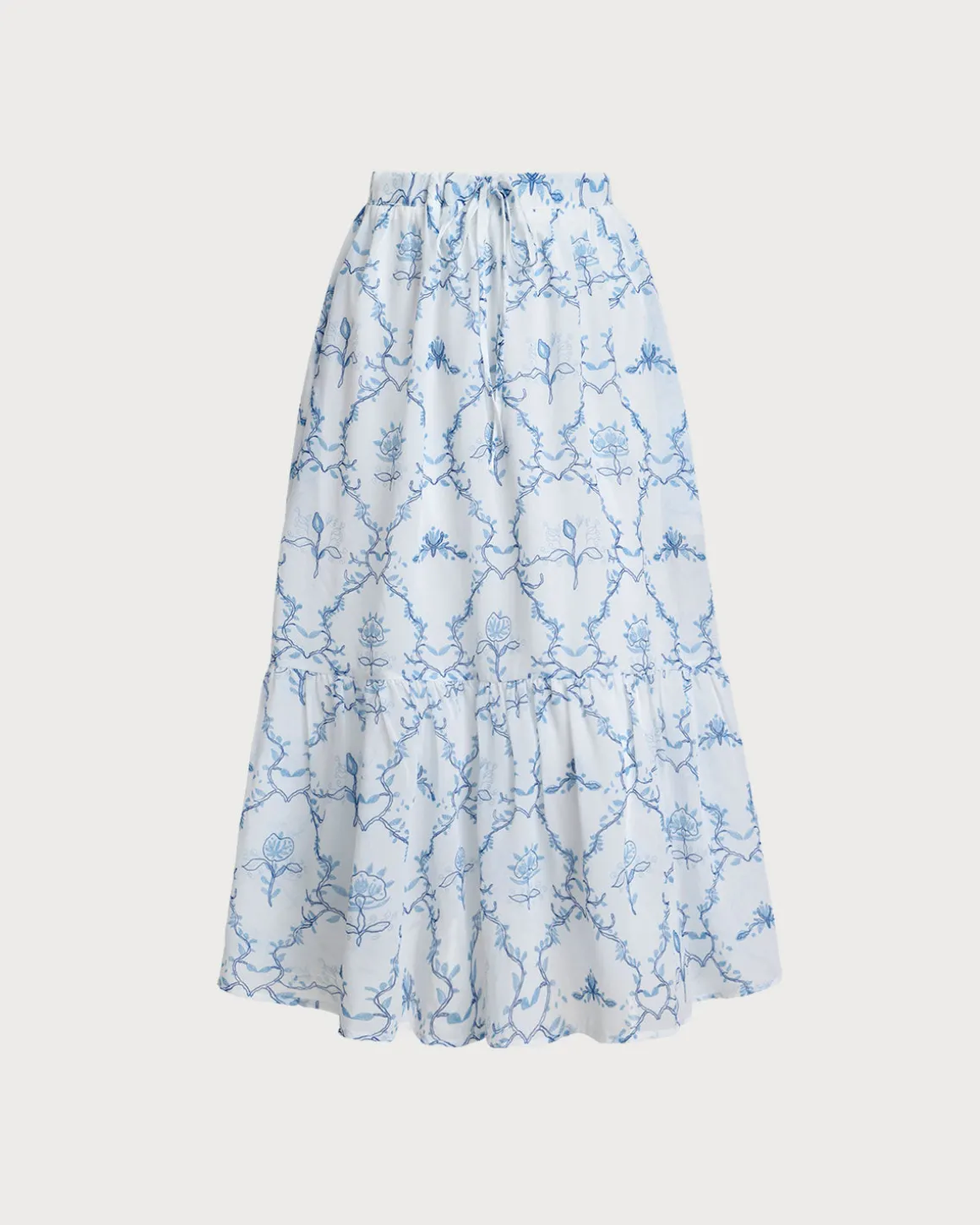 White Floral Tiered Midi Skirt