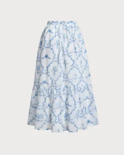 White Floral Tiered Midi Skirt