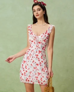 White Floral V Neck Ruffle Mini Dress