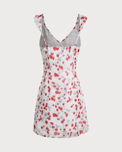White Floral V Neck Ruffle Mini Dress