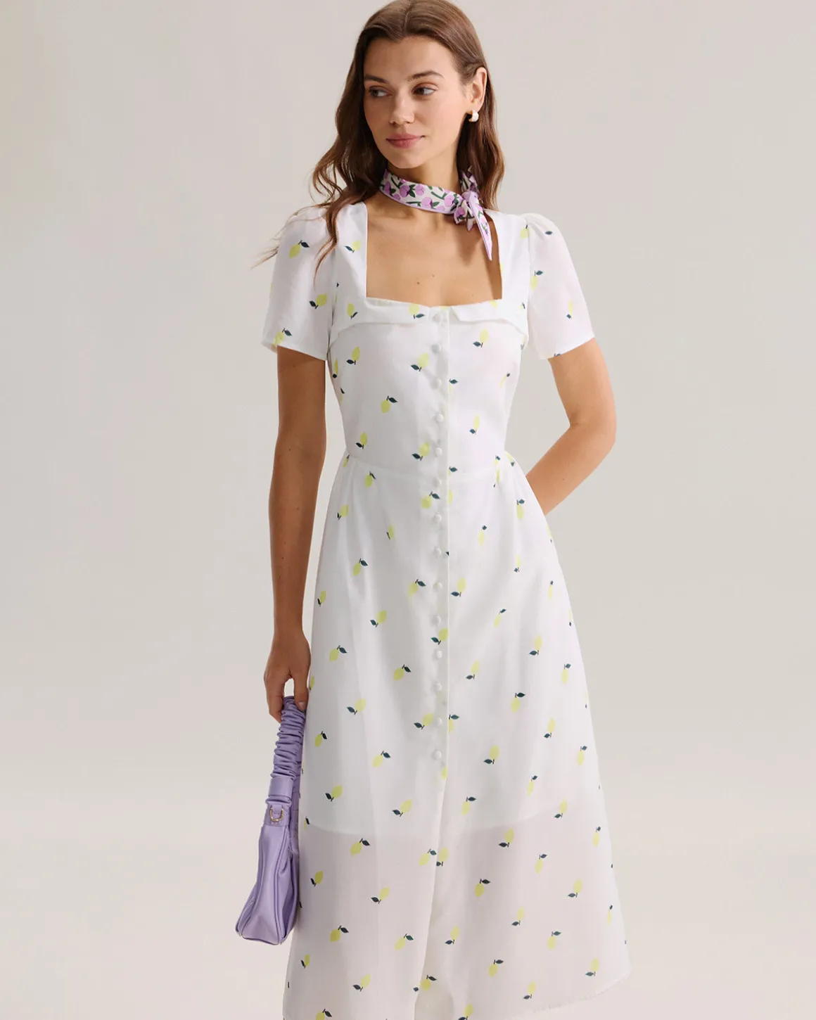 White Fruit Square Neck Midi Dress