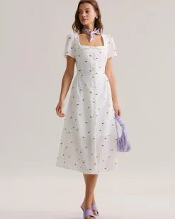 White Fruit Square Neck Midi Dress