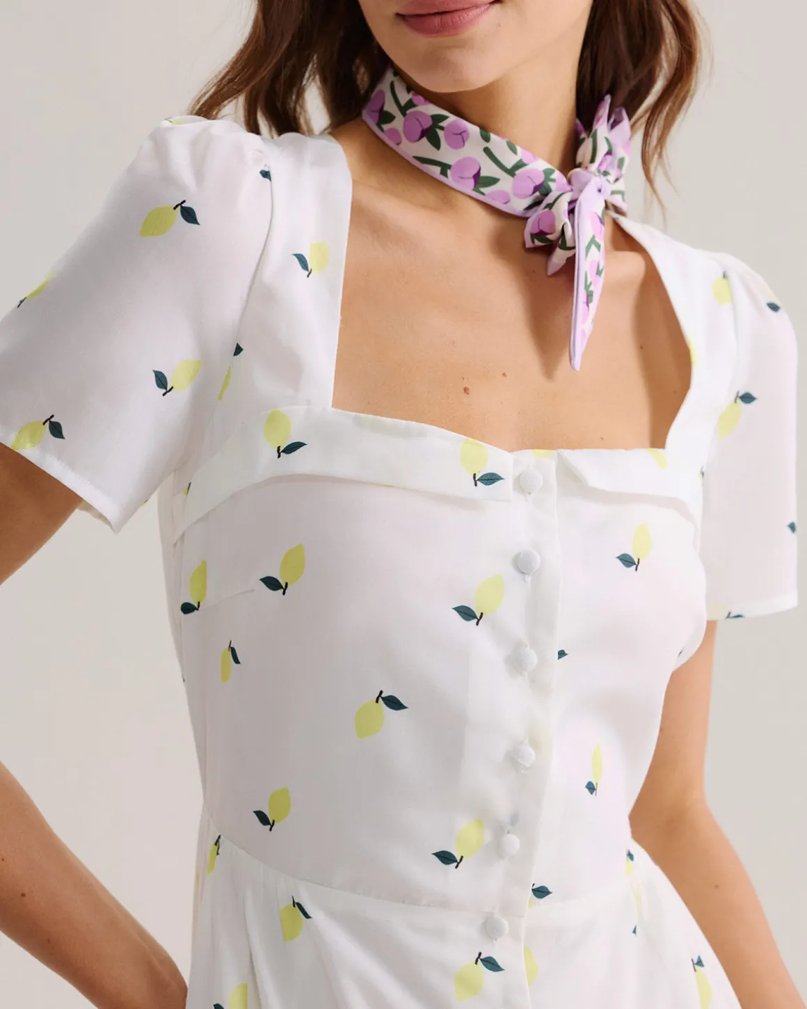 White Fruit Square Neck Midi Dress