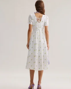 White Fruit Square Neck Midi Dress