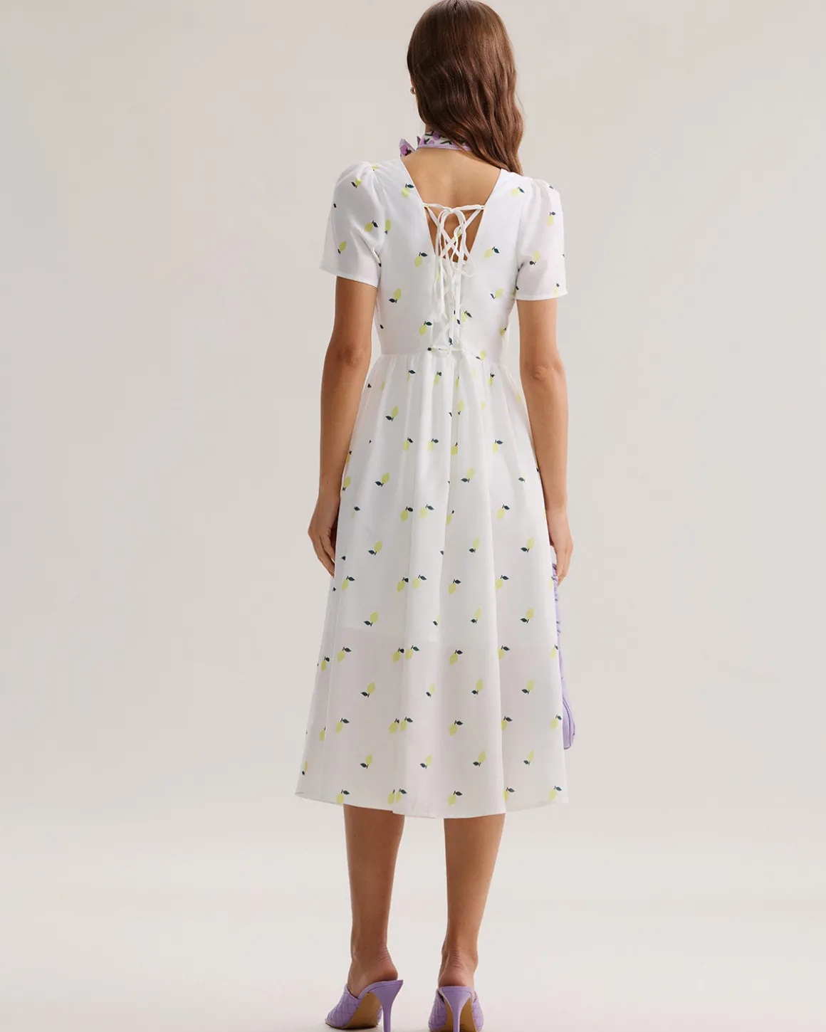 White Fruit Square Neck Midi Dress