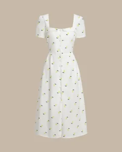 White Fruit Square Neck Midi Dress