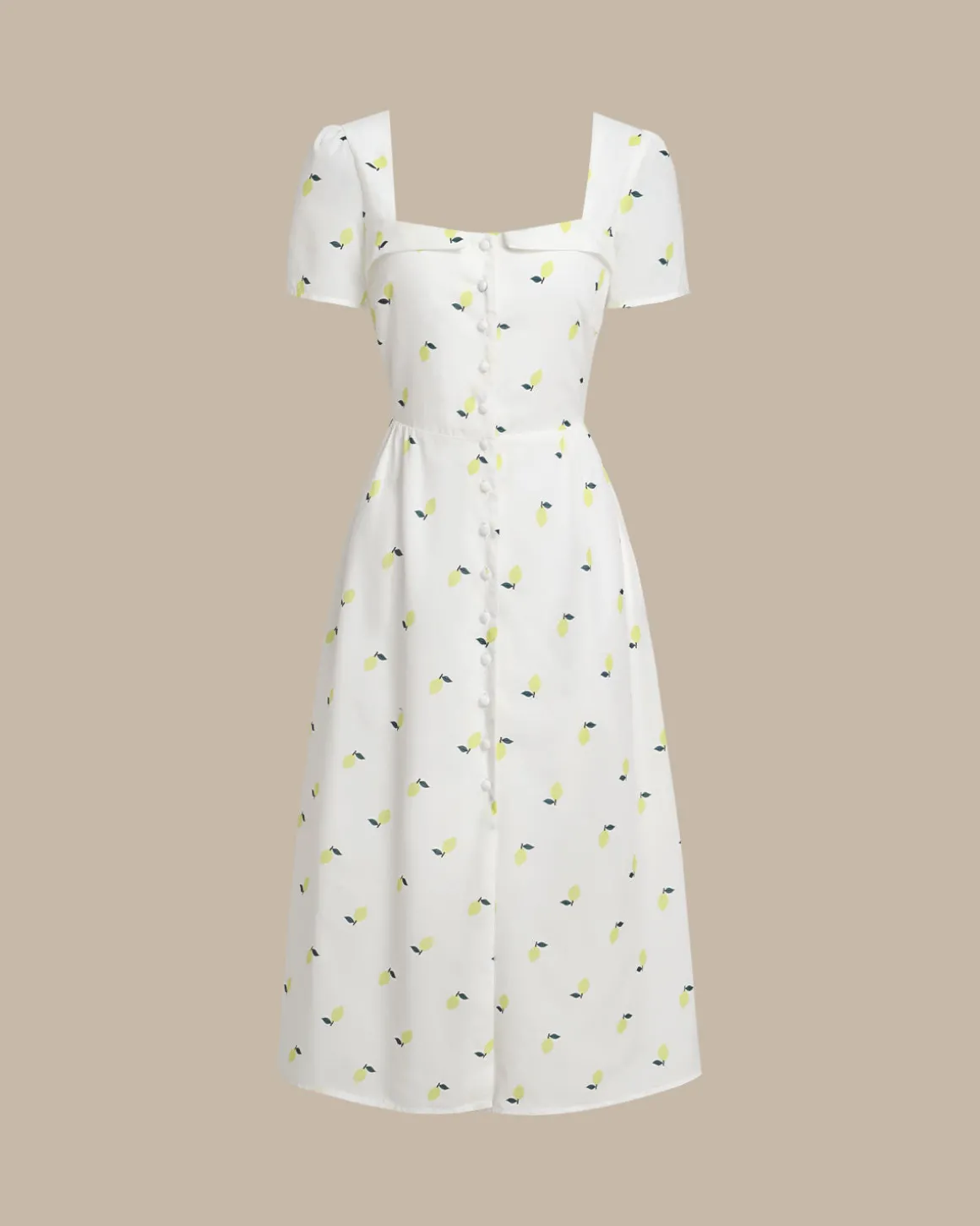 White Fruit Square Neck Midi Dress