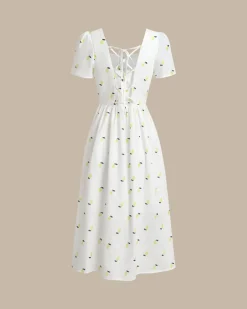 White Fruit Square Neck Midi Dress