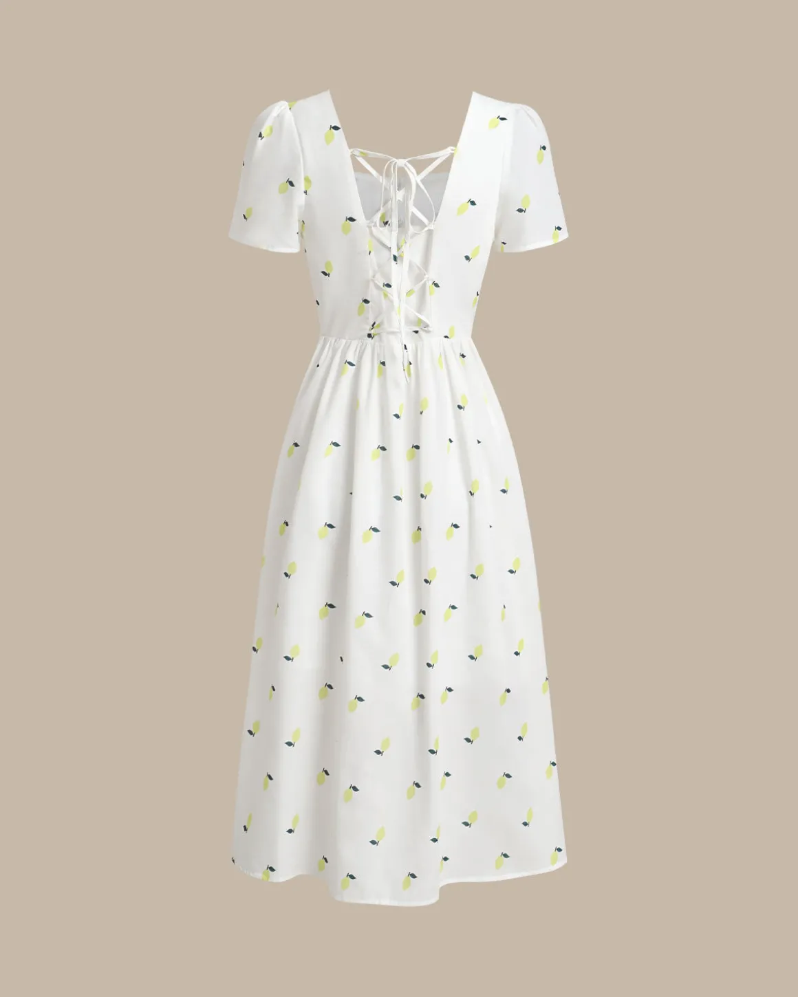 White Fruit Square Neck Midi Dress