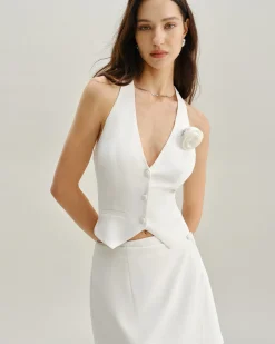 White Halter Button Vest