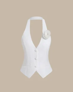 White Halter Button Vest