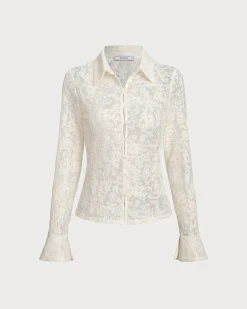 White Jacquard Bell Sleeve Button Blouse