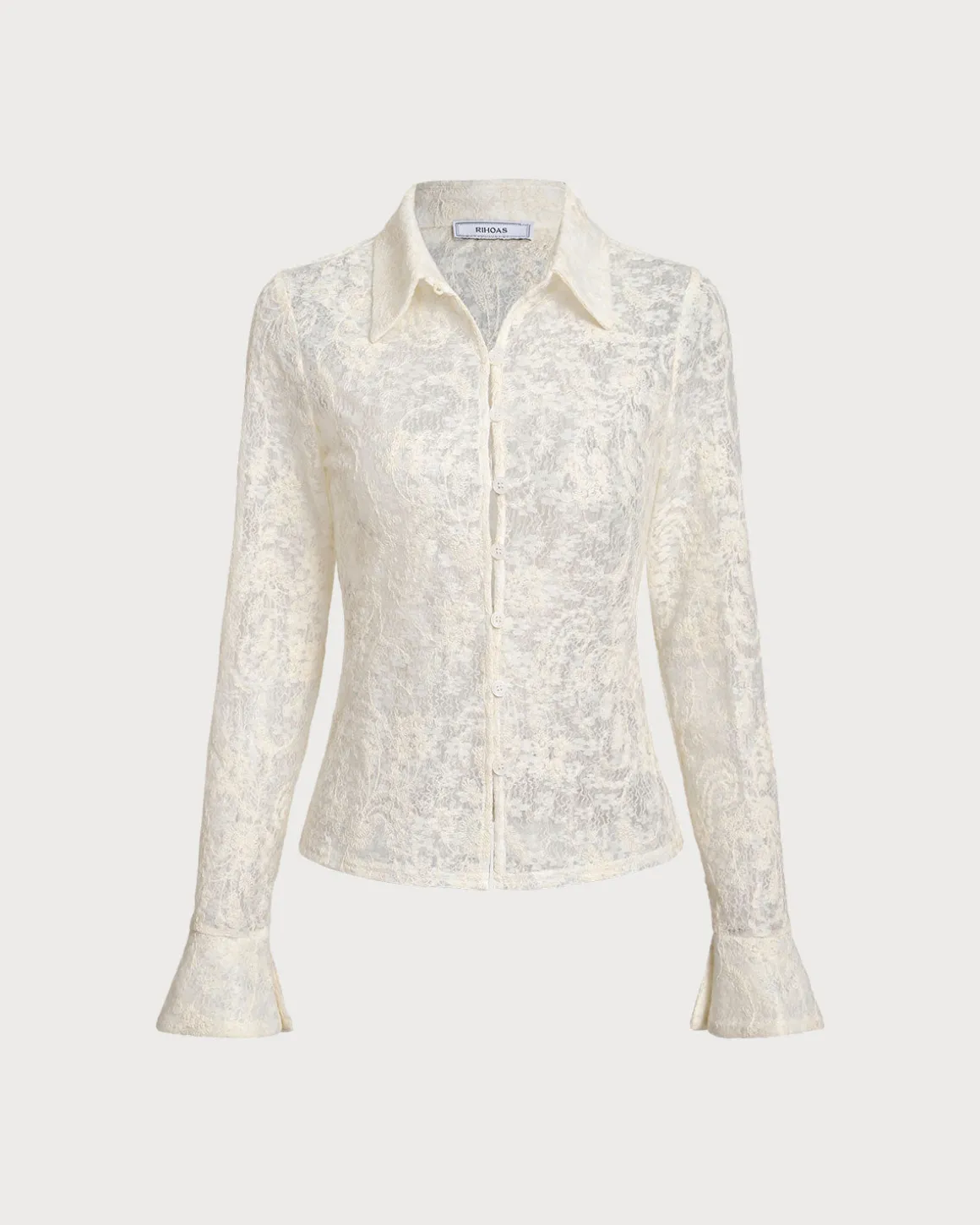 White Jacquard Bell Sleeve Button Blouse