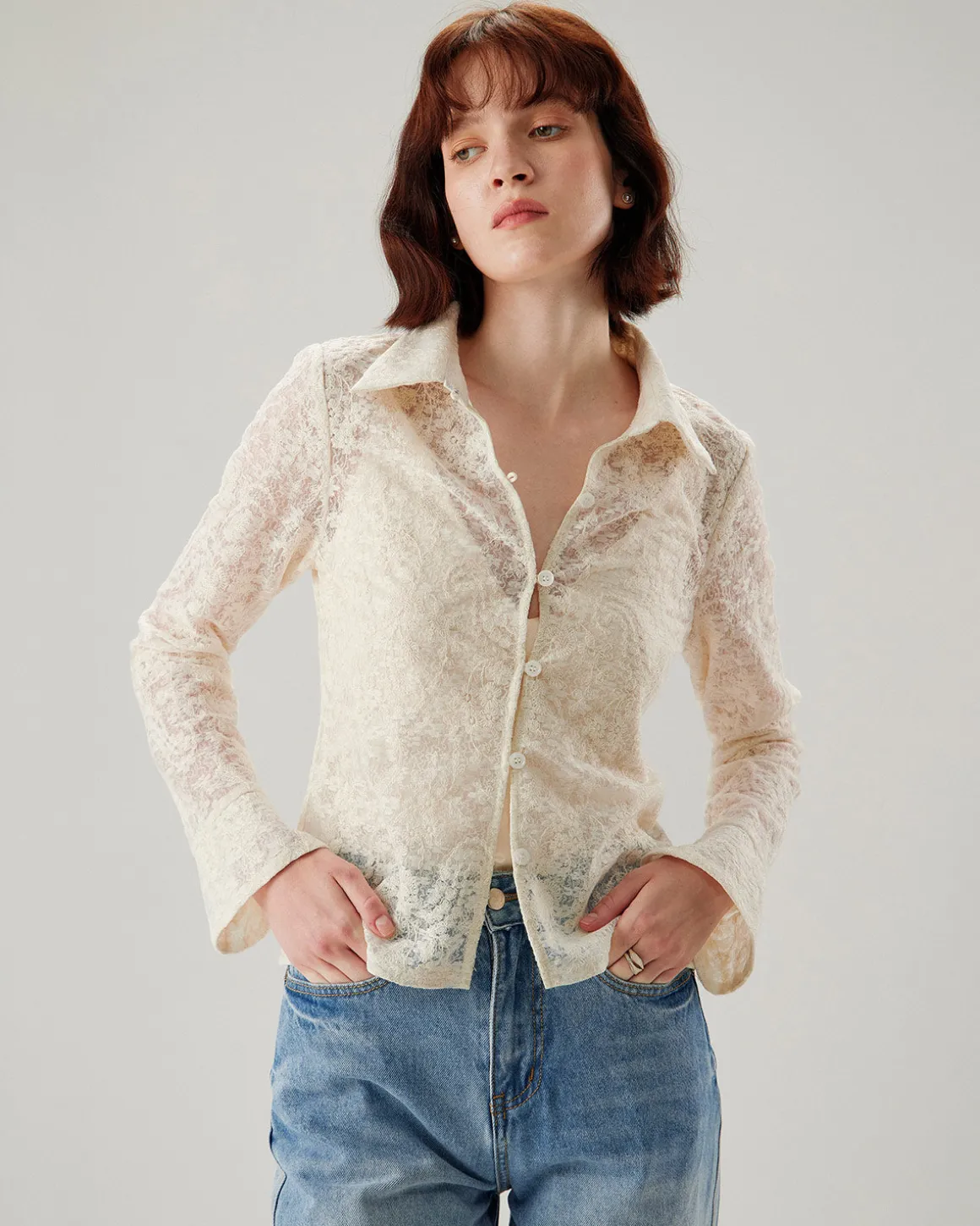 White Jacquard Bell Sleeve Button Blouse