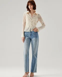 White Jacquard Bell Sleeve Button Blouse