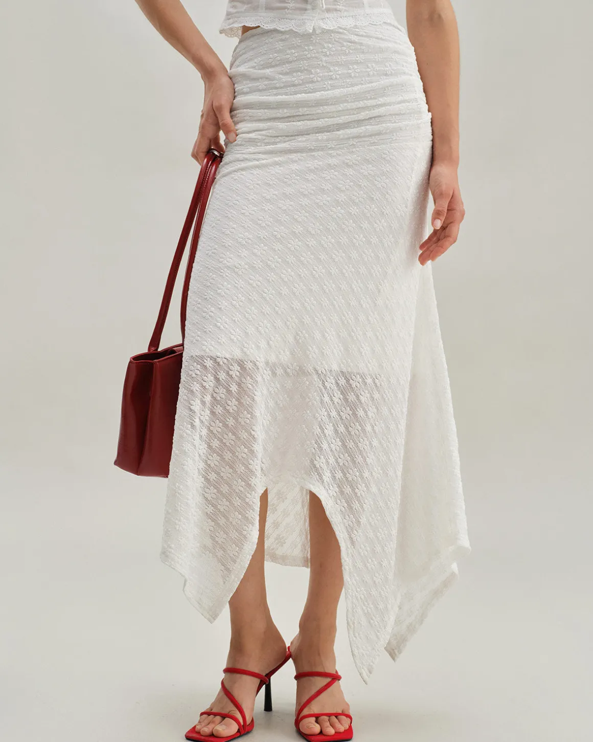 White Jacquard Mermaid Midi Skirt