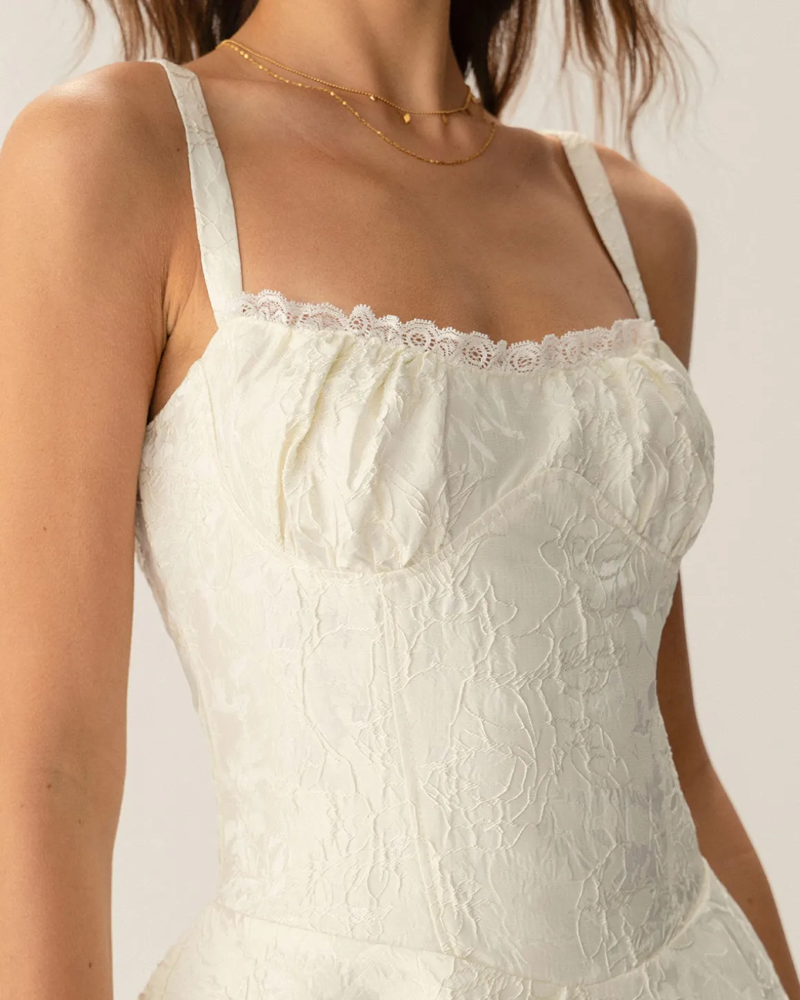 White Jacquard Ruched Slip Mini Dress