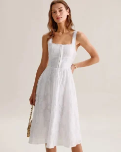 White Jacquard Shirred Slip Midi Dress
