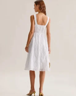 White Jacquard Shirred Slip Midi Dress