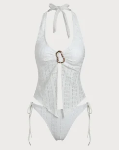 White Knitted Irregular Metal Slit Tankini Swimsuit