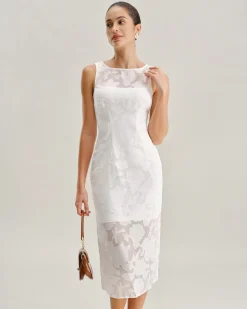 White Lace Boat Neck Midi Dress