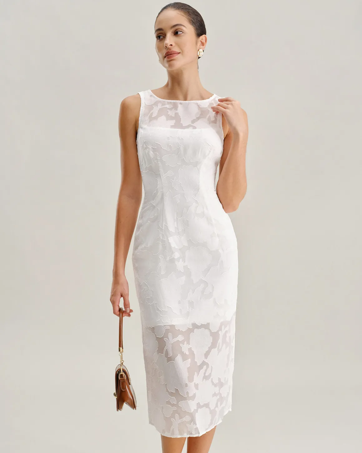 White Lace Boat Neck Midi Dress