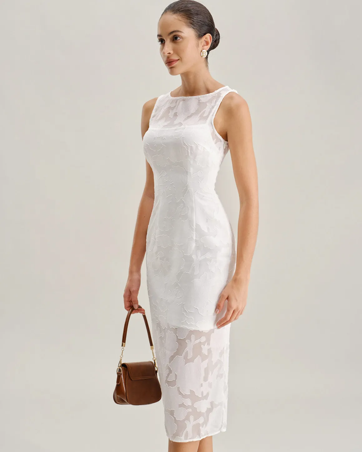 White Lace Boat Neck Midi Dress