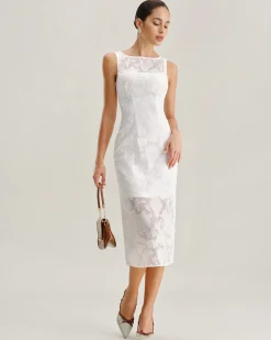 White Lace Boat Neck Midi Dress