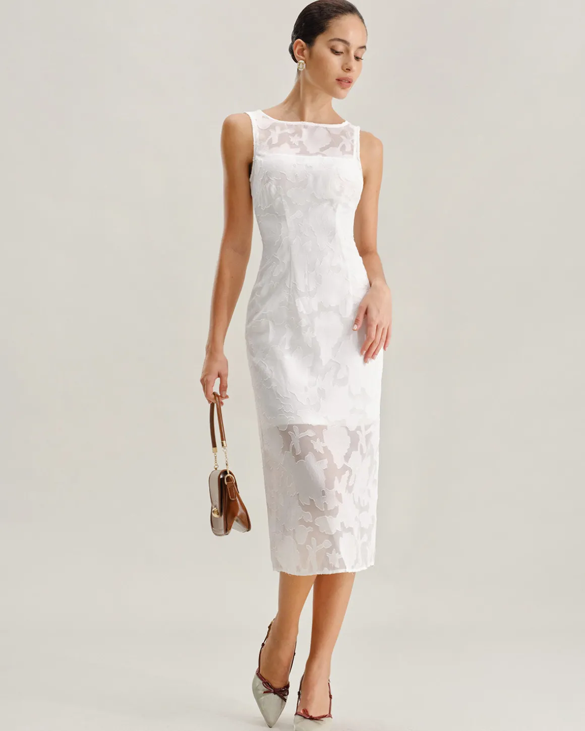 White Lace Boat Neck Midi Dress